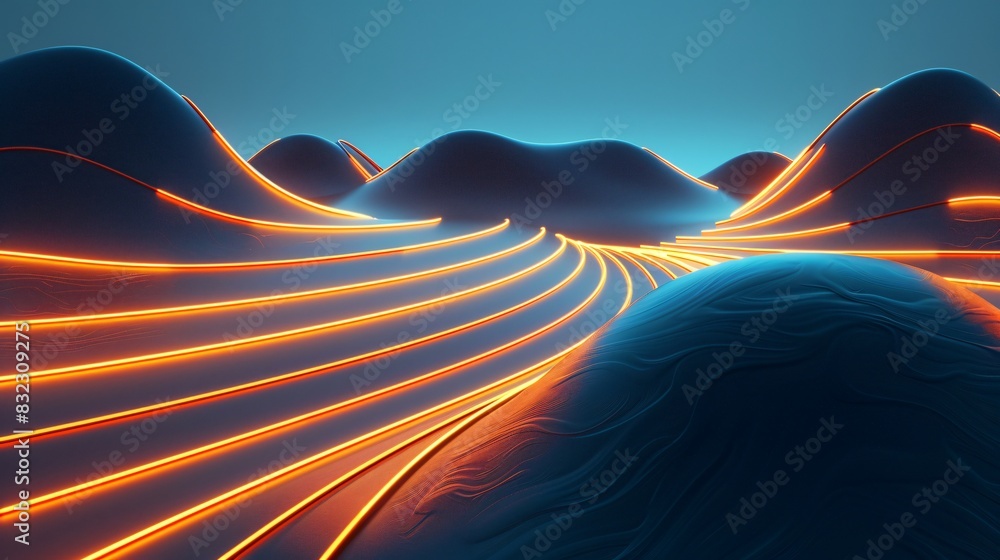 Poster futuristic 3d render of a digital landscape illuminated with neon lines, creating a sense of advance