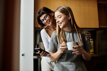 Two young women in a hotel kitchen, standing together, engrossed in a cell phone screen while...