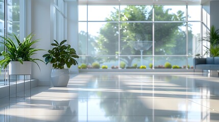 A clean, modern hospital hall with large windows and potted plants adding life to the space. creating an atmosphere that suggests high-quality healthcare services.