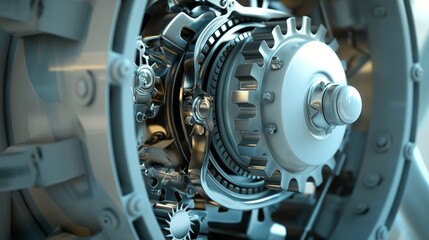 A detailed close-up of the gear mechanism inside a wind turbine's nacelle. The focus is on the gears and machinery that convert wind energy into electrical power