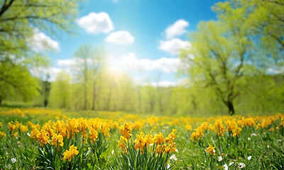 Fototapeta premium A sunny spring landscape with a field of yellow daffodils in full bloom. Perfect for nature-themed projects, travel brochures, or websites promoting happiness and renewal.