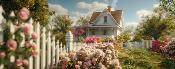 Fototapeta premium Charming white house with a picket fence, surrounded by blooming roses on a sunny day, evoking a sense of peace and tranquility.