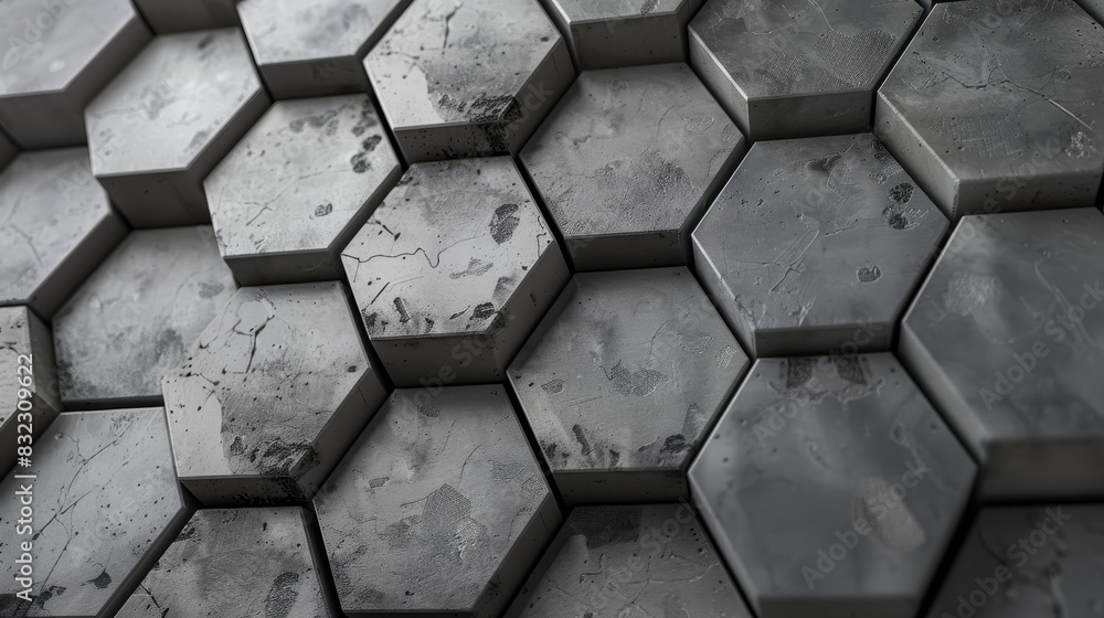 Poster close-up of gray hexagonal concrete tiles creating a modern and industrial geometric pattern. perfec