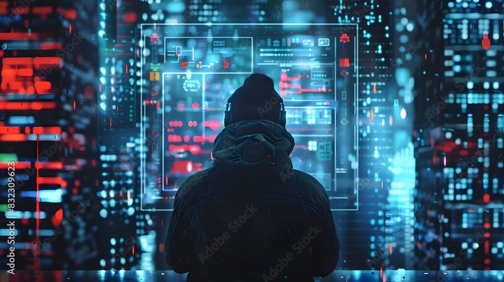 Poster a lone hacker navigating the digital underworld of the dark web, surrounded by holographic interface