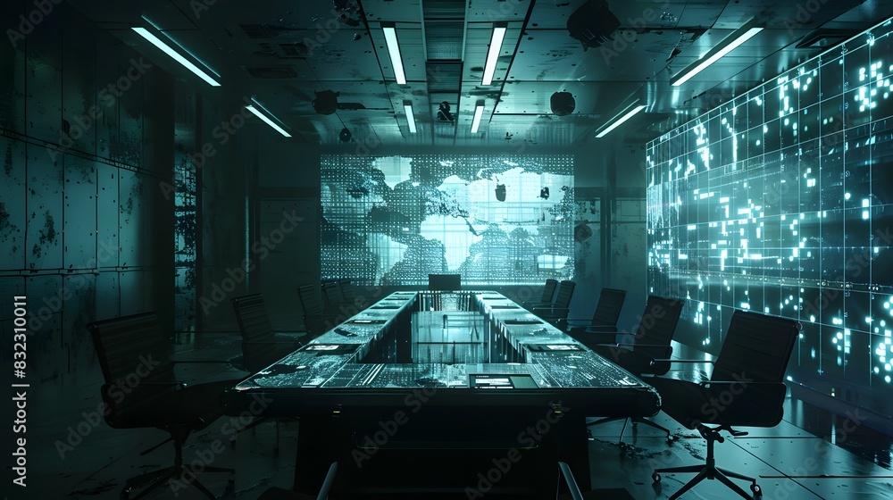 Poster a futuristic office with a large screen showing a map of the world. the room is filled with chairs a