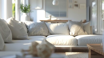Cozy light-filled living room with a comfortable white sofa and decorative pillows in a modern home interior design.
