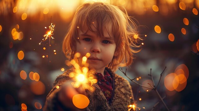 A photo of a child holding a sparkler close to their hand, tracing the outline with the glowing light. Their face is illuminated by the warm glow, showcasing the creativity and imagination of