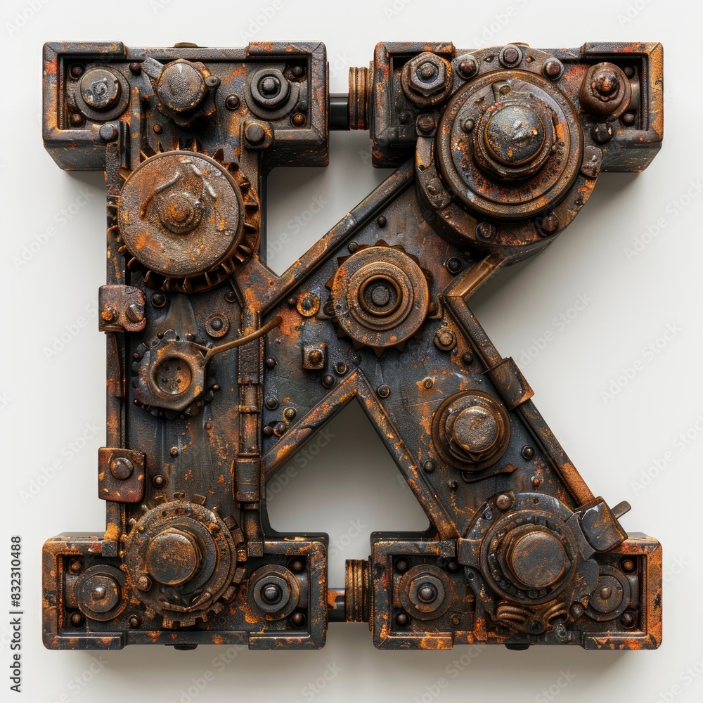 Poster visually captivating letter k constructed entirely out of mechanical gears, creating a fascinating d