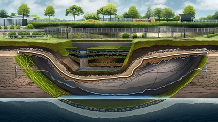 A detailed diagram of an underground water conservation system that captures stormwater runoff for purification and reuse, illustrated with layers of soil and infrastructure.