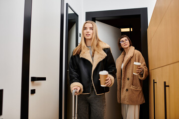 A young lesbian couple with luggage, stylishly standing together in a hotel hallway.