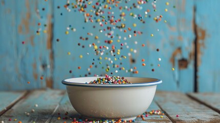 29050800 07 A photo with a vintage aesthetic in the style of studio photography. A white ceramic bowl with a blue rim sits on a rustic wooden table. A stream of colorful candy-coated chocolate