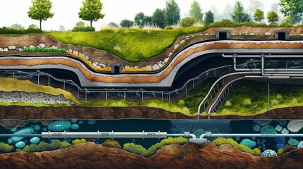 A detailed diagram of an underground water conservation system that captures stormwater runoff for purification and reuse, illustrated with layers of soil and infrastructure.