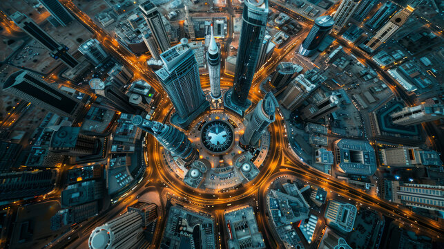 Aerial view of Riyadh cityscape at night with skyscrapers and lights