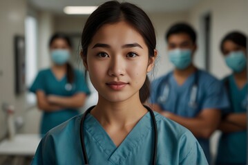 Fototapeta premium A young female nurse in a hospital, on the background of a team of medical workers.