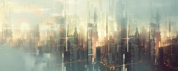 Futuristic cityscape with tall skyscrapers and hazy atmosphere, embodying a perfect blend of modern architecture and sci-fi aesthetics.