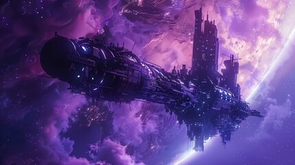 Futuristic space station in a vibrant purple galaxy, showcasing advanced technology and cosmic wonders with a vivid and ethereal background.