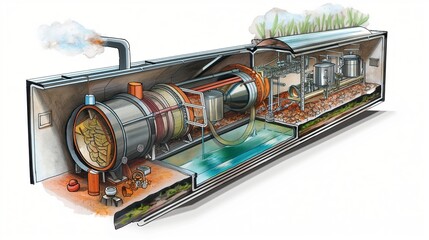Obraz premium A detailed illustration of a biogas generator at work, showing the process of methane gas being collected from organic waste. The generator is depicted in a cutaway view to reveal the inner workings.