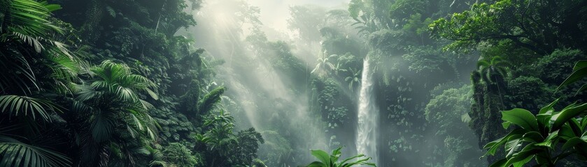Lush green rainforest with a beautiful waterfall cascading down, surrounded by dense foliage and rays of sunlight piercing through the forest.
