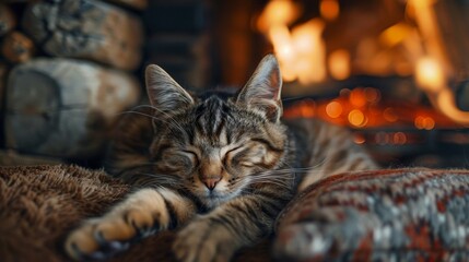 Create a cozy image of an indoor pet curled up by the fireplace