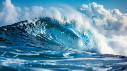 Majestic ocean wave crashing under clear blue sky