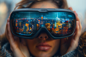 Close-up of hands holding augmented reality glasses with a cityscape overlay visible through the lenses