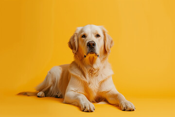 In a studio photo, a friendly golden retriever dog is captured pulling a funny face, radiating charm and playfulness. This portrait perfectly captures the lovable and humorous nature of the dog. 
