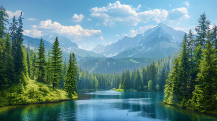Beautiful landscape view of green summer forest and mountain lake