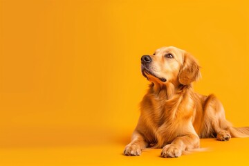 In a studio photo, a friendly golden retriever dog is captured pulling a funny face, radiating charm and playfulness. This portrait perfectly captures the lovable and humorous nature of the dog. 