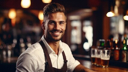 Obraz premium Handsome man bartender, smiling in bar, copy space.