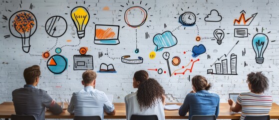 colorful creative agency business brain storm meeting people with icon line presentation young people team discussing roadmap