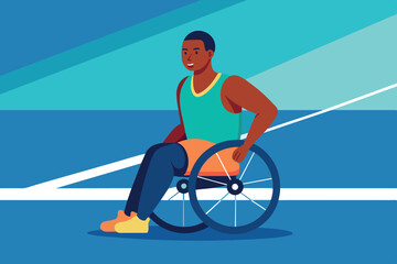 Fototapeta premium athlete in a wheelchair on a treadmill. one hand controls the wheel of the wheelchair. This image is interesting because it symbolizes athleticism and determination in adaptive sports.