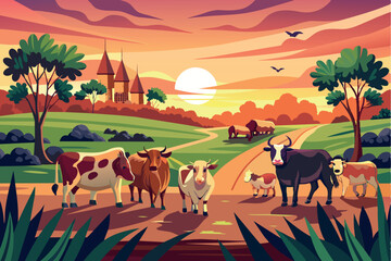 A farm at sunset or sunrise. In the far background you can see lofty hills and mountains with a clear sky, in the foreground three cows of different colors graze on the grass. Tranquil atmosphere.