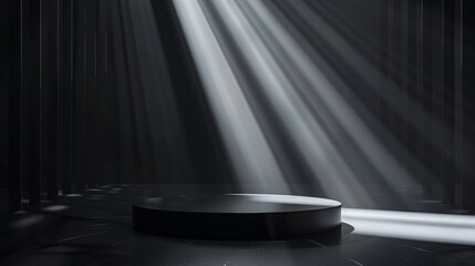 Abstract black stage illuminated by dramatic light beams