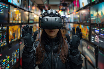 Person exploring a virtual world with VR headset and gloves in a high-tech room