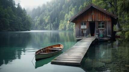 Serene lakeside cabin with dock and rowboat in tranquil misty forest setting, perfect for peaceful retreats and nature escapes.