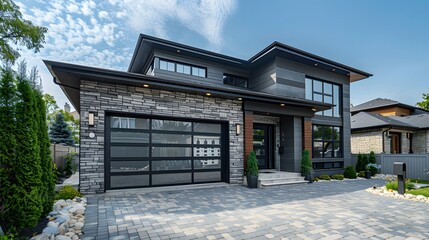 A grey garage door with windows on the side of an elegant home, showcasing modern design and high quality materials for a stylish appearance.