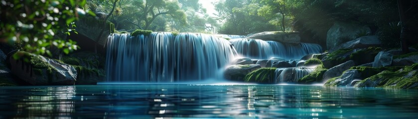Serene waterfall cascading into a tranquil pool surrounded by lush greenery and rocks, captured in natural daylight. - Powered by Adobe