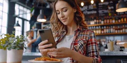 Female scanning qr code while making payment for meal at eatery.