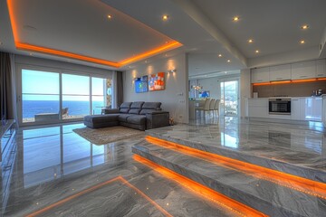 Luxurious living room with an open layout, elegant lighting, and a stunning ocean view
