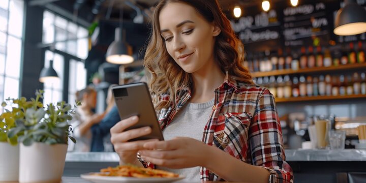 Female scanning qr code while making payment for meal at eatery.