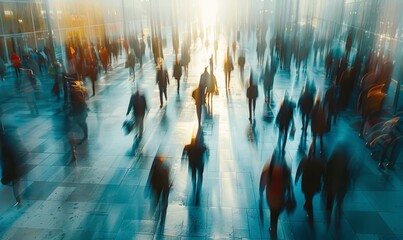Long exposure shot of crowd of business people walking in bright office fast moving with blurry