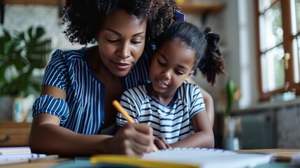 A mother assisting her child with schoolwork at home. - Powered by Adobe
