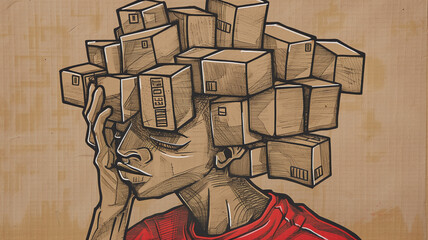 An artistic illustration of a person with boxes on their head, symbolizing the weight of thoughts and burdens