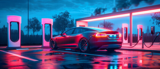 Modern fast electric vehicle chargers for charging car in town