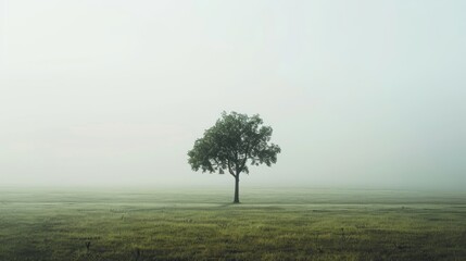Fototapeta premium Solitary tree standing alone in a foggy field, creating a tranquil and serene landscape with a misty atmosphere and soft gradients in the background.