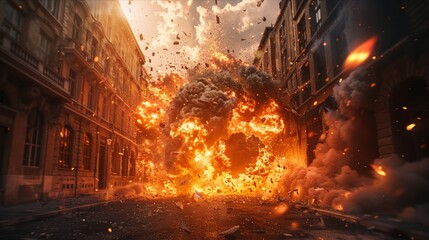 Catastrophic explosion engulfing city streets in fire and thick smoke