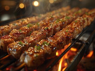 A documentary-style image of yakitori skewers grilling over an open flame, with a minimalist setting that highlights the simplicity and traditional method of preparation.