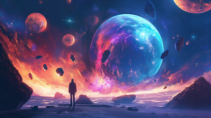 A planet is exploding, with colorful planets flying out of it and mountains on the ground. A person stands in front of them. The background is a dark blue space, in the style of sci-fi