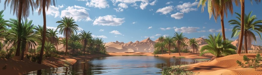 Fototapeta premium Stunning desert oasis with palm trees and clear water under a bright blue sky. Perfect for nature, travel, and tranquility themes.