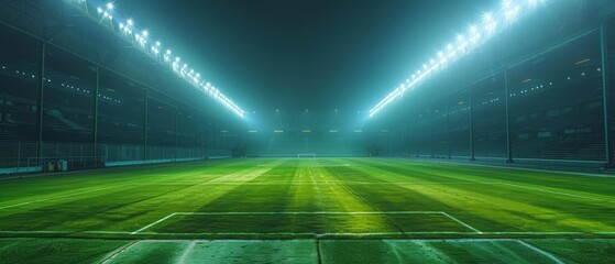 soccer stadium illuminated by spotlights and empty green grass playground, big stadium